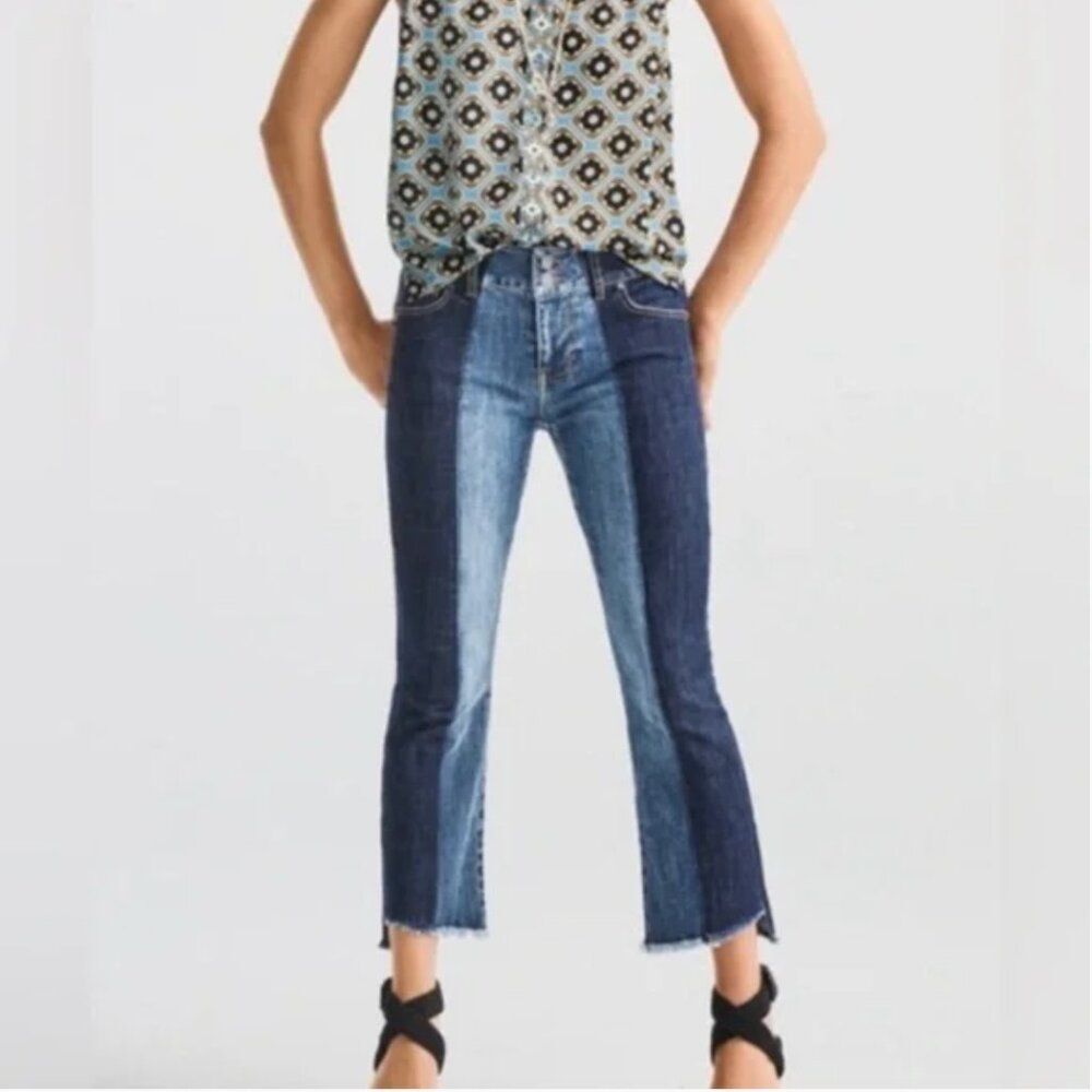 Cabi Size 8 High Low Hi-Low Crop Two Tone Split Dye Jeans Raw Hem